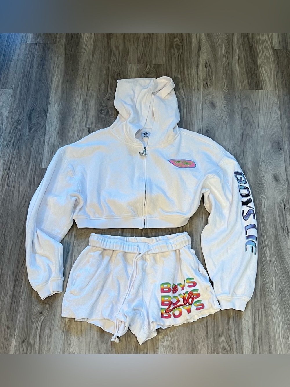 Boys Lie White Hoodie & Shorts Set with Rainbow Logo Accents